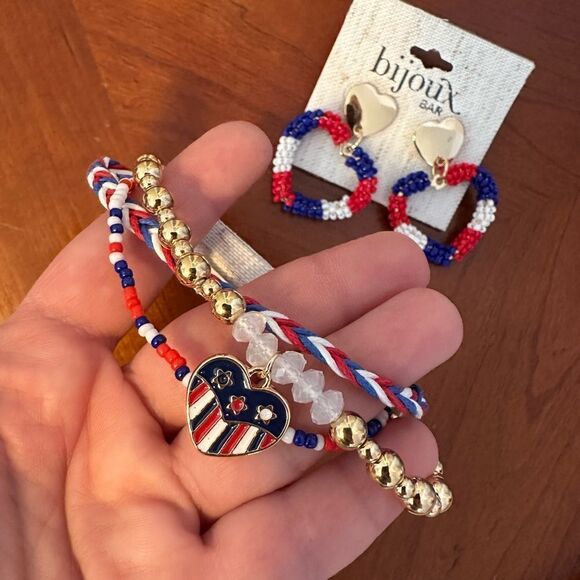 Bijoux Bar bracelet earrings patriotic American flag heart - Picture 2 of 3